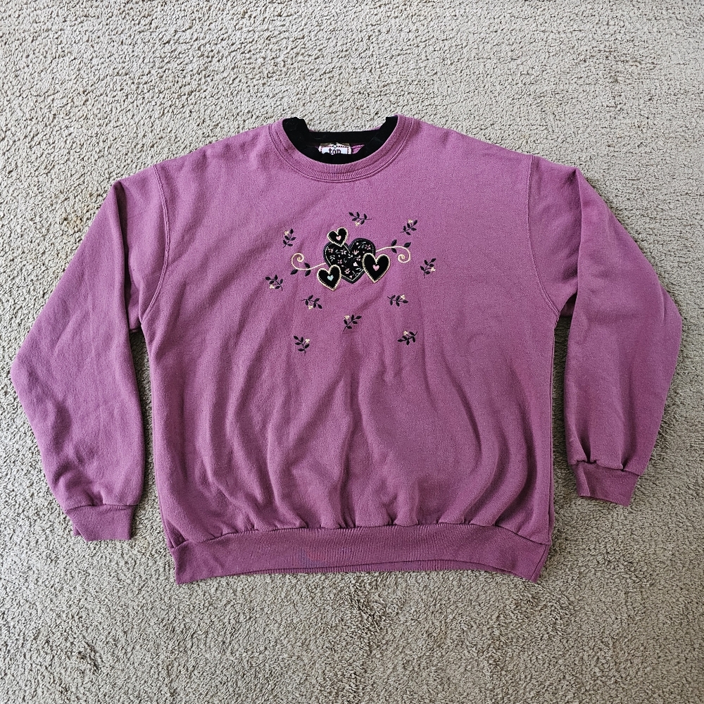 Top Stitch by Morning Sun Dusty Rose Heart Motif Granniecore Grandma Sweatshirt